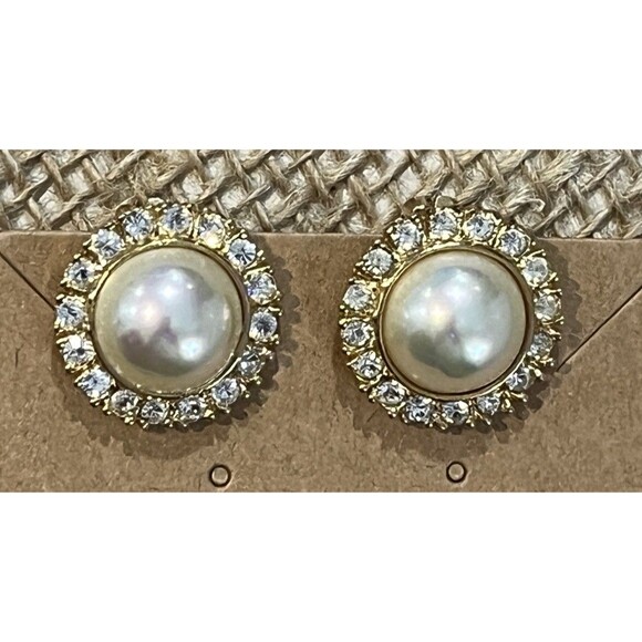 Roman VTG Simulated Pearl Rhinestone Gold Tone Clip On Earrings Regency 1950s - Picture 5 of 9